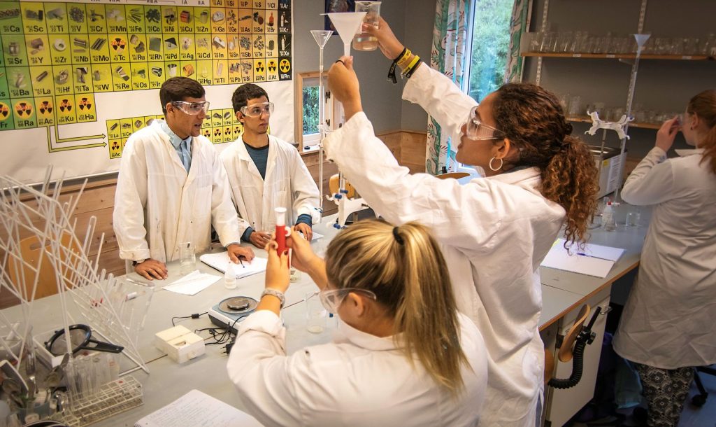 Student raising test tube in science class
